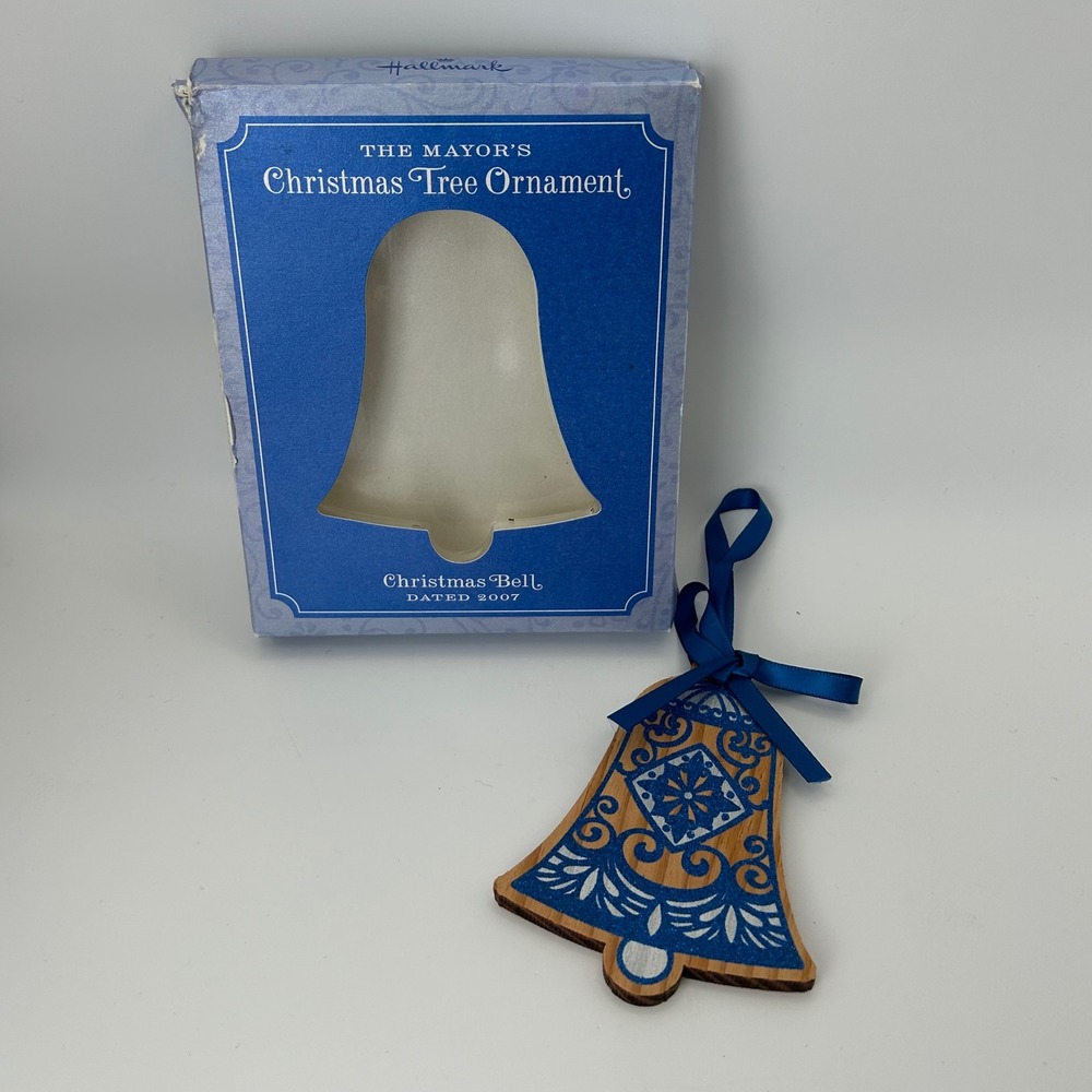 Hallmark 2007 Mayors Christmas Tree Ornament Bell Crown Center Wooden Blue